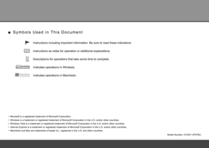 Page 2
Model Number: K10341 (iP4700)
Macintosh and Mac are trademarks of Apple Inc., registered in the U.S. and other countries.•
Microsoft is a registered trademark of Microsoft Corporation.•
Windows is a trademark or registered trademark of Microsoft Corporation \
in the U.S. and/or other countries.•
Windows Vista is a trademark or registered trademark of Microsoft Corporation in \
the U.S. and/or other countries.•
S y m b o l s   U s e d   i n   T h i s   D o c u m e n t■
Instructions as notes for operation...