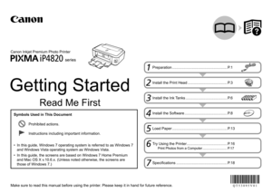 Page 1
Make sure to read this manual before using the printer. Please keep it in hand for future reference.
Getting Started
Read Me First
Canon Inkjet Premium Photo Printer
series
Symbols Used in This Document
Instructions including important information.
Prohibited actions.
In this guide, Windows 7 operating system is referred to as Windows 7 
and Windows Vista operating system as Windows Vista.
In this guide, the screens are based on Windows 7 Home Premium 
and Mac OS X v.10.6.x. (Unless noted otherwise, the...
