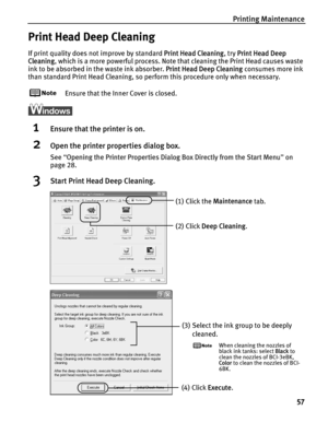 Page 61Printing Maintenance57
Print Head Deep Cleaning
If print quality does not improve by standard  Print Head Cleaning, try Print Head Deep 
Cleaning , which is a more powerful process. Note that cleaning the Print Head causes waste 
ink to be absorbed in the waste ink absorber.  Print Head Deep Cleaning consumes more ink 
than standard Print Head Cleaning, so perform this procedure only when necessary.
Ensure that the Inner Cover is closed.
1Ensure that the printer is on.
2Open the printer properties dialog...