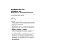 Page 2Getting Help from Canon
Help Us Help You Better
Before you contact Canon, please record the following information.
Serial Number (located on the inside of the printer):                                                                      
Model Number (located on the top of the printer):                                                                          
P r i n t e r  D r i v e r  C D - R O M  n u m b e r  ( l o c a t e d  o n  t h e  C D - R O M ) :...