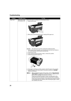 Page 72Troubleshooting
70
Paper Jams Paper jams inside 
the transport unitRemove the paper according to the following procedure.
1. Open the rear cover. 
2. When you can see the jammed paper, slowly pull the paper out. 
Be careful not to touch the components inside the printer.
If you cannot extract the paper, turn the printer off, and then turn it back on. 
The remaining paper will be ejected automatically.
3. Close the rear cover.
4. If you could not extract the paper in step 2, remove the cassette.
5. Slowly...