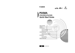 Page 1Quick Start Guide
Table of Contents
Introduction 1
Preparing the Printer 2
Selecting a language displayed on the LCD 2
Installing the FINE Cartridges 3
Aligning the Print Head 4
Installing the Printer Driver 5
Installing the Printer Driver - Windows 5
Installing the Printer Driver - Macintosh 8
Basic Operations 10
Printing with Windows 10
Printing with Macintosh 11
Replacing a FINE Cartridge 12
QA7-3655-V02 ©CANON INC.2005 PRINTED IN THAILANDBEQA7-3655-V02 The following FINE Cartridges (High Yield) are...