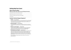 Page 2Getting Help from Canon
Getting Help from CanonGetting Help from Canon Getting Help from Canon
Help Us Help You Better
Before you contact Canon, please record the following information.
Serial Number (located on the inside of the printer):                                                                      
Model Number (located on the top of the printer):                                                                          
P r i n t e r  D r i v e r  C D - R O M  n u m b e r  ( l o c a t e d  o n...