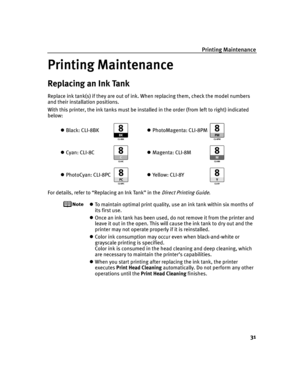 Page 35Printing Maintenance
31
Printing Maintenance
Printing MaintenancePrinting Maintenance Printing Maintenance
Replacing an Ink Tank
Replace ink tank(s) if they are out of ink. When replacing them, check the model numbers 
and their installation positions.
With this printer, the ink tanks must be installed in the order (from left to right) indicated 
below:
For details, refer to “Replacing an Ink Tank” in the 
Direct Printing Guide.
To maintain optimal print quality, use an ink tank within six months of...
