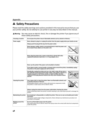 Page 52Appendix
48
Safety Precautions
Please read the safety warnings and cautions provided in this manual to ensure that you use 
your printer safely. Do not attempt to use printer in any way not described in this manual. 
You may cause an electric shock, fire or damage the printer if you ignore any of 
these safety precautions.
Choosing a location Do not place the printer close to flammable solvents such as alcohol or thinners.
Power supply Never attempt to plug in or unplug the printer from the power supply...