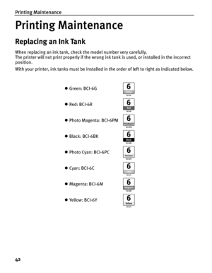 Page 46Printing Maintenance
42
Printing Maintenance
Replacing an Ink Tank
When replacing an ink tank, check the model number very carefully. 
The printer will not print properly if the wrong ink tank is used, or installed in the incorrect 
position.
With your printer, ink tanks must be installed  in the order of left to right as indicated below.
z Green: BCI-6G
z Red: BCI-6R
z Photo Magenta: BCI-6PM
z Black: BCI-6BK
z Photo Cyan: BCI-6PC
z Cyan: BCI-6C
z Magenta: BCI-6M
z Ye ll o w :  B C I - 6 Y 