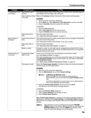 Page 73Troubleshooting69
Printed Paper Curls 
or Ink Blots Paper being used is 
too thin Use High Resolution Paper, Photo Paper Pro or other Canon specialty paper to 
print images that have high color saturation.
Color Intensity setting 
is too high  Reduce the 
Intensity setting in the printer driver and try printing again.
1. Open the printer properties dialog box.
2. On the  Main tab, select  Manual for Color Adjustment , and then click Set.
3. Drag the  Intensity slide bar to adjust the intensity.
1. Open...