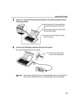 Page 29Advanced Printing25
3Load 4×6 paper into the Auto Sheet Fe eder in the portrait position (short 
side facing down).
4Connect the PictBridge compliant device to the printer.
(1) Ensure that the device is turned off.
Note Some types of the device turn on automatically, when connected to the 
printer. For a device not turns on automatically, turn it on manually.
(1) When loading Canon Speciality Media, 
load them with the glossy side facing 
up.
(2) Align the paper against the right side of the Auto Sheet...