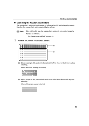 Page 49Printing Maintenance45
„Examining the Nozzle Check Pattern
The nozzle check pattern should appear as follows when ink is discharged properly.
Examine the nozzle check pattern output by the printer.
1Confirm the printed nozzle check pattern.
(1) Lines missing in this pattern indicate that the Print Head of black ink requires 
cleaning.
When with lines missing (black ink)
(2) White stripes in this pattern indicate that the Print Head of color ink requires 
cleaning.
When white stripes appear (color ink)...