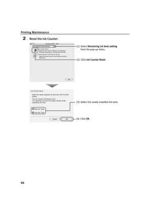 Page 70Printing Maintenance
66
2Reset the Ink Counter.
(2) Click Ink Counter Reset .
(1) Select 
Remaining ink level setting  
from the pop-up menu.
(4) Click  OK.
(3)  Select the newly installed ink tank.
QSG_Replacing_an_Ink_Tank.fm  Page 
66  Monday, October 25, 2004  2:47 PM 