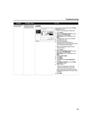 Page 75Troubleshooting71
Cannot Install the 
Printer Driver Unable to proceed 
beyond the Printer 
Connection Screen
ProblemPossible CauseTr y This
If you cannot proceed beyond the 
Printer 
Connection  screen;
• When connecting with a USB cable
1. Click  Cancel.
2. When the  Installation Failure  screen is 
displayed, click  Start Over.
3. Easy Install  screen is displayed, click 
Back .
4. Click  Exit, then remove the CD-ROM.
5. Turn the printer off.
6. Restart the computer.
7. Carefully follow the procedures...