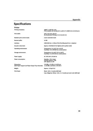 Page 95Appendix
91
Specifications
Printer
Printing resolution:
Printing resolution:Printing resolution: Printing resolution: 4800* x 1200 dpi. max.
4800* x 1200 dpi. max.4800* x 1200 dpi. max. 4800* x 1200 dpi. max.
(*Ink droplets can be placed in a pitch of 1/4800 inch at minimum.)
(*Ink droplets can be placed in a pitch of 1/4800 inch at minimum.)(*Ink droplets can be placed in a pitch of 1/4800 inch at minimum.) (*Ink droplets can be placed in a pitch of 1/4800 inch at minimum.)
Print width:
Print...