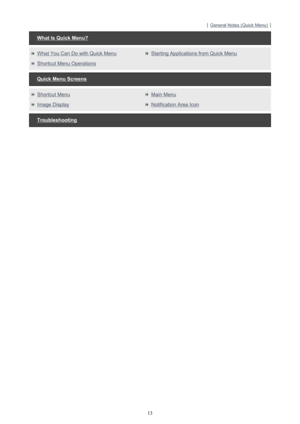 Page 13GeneralNotes(QuickMenu)
WhatIsQuickMenu
WhatYouCanDowithQuickMenu

StartingApplicationsfromQuickMenuShortcutMenuOperations
QuickMenuScreens
ShortcutMenu

MainMenuImageDisplay

NotificationAreaIcon
Troubleshooting
13 