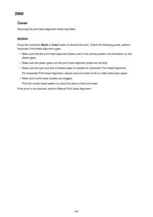 Page 6962900Cause
Scanning the print head alignment sheet has failed.
Action Press the machine's  Black or Color  button to dismiss the error. Check the following points, perform
Automatic Print Head Alignment again.•
Make sure that the print head alignment sheet is set in the correct position and orientation on the platen glass.
•
Make sure the platen glass and the print head alignment sheet are not dirty.
•
Make sure the type and size of loaded paper is suitable for Automatic Print Head Alignment.
For...