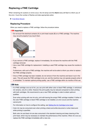 Page 124Replacing a FINE CartridgeWhen remaining ink cautions or errors occur, the ink lamps and the  Alarm lamp will flash to inform you of
the error. Count the number of flashes and take appropriate action.
If an Error Occurs
Replacing Procedure
When you need to replace a FINE cartridge, follow the procedure below.
Important
•
Do not touch the electrical contacts (A) or print head nozzle (B) on a FINE cartridge. The machine
may not print properly if you touch them.
•
If you remove a FINE cartridge, replace it...