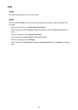 Page 6994102Cause
The media type and paper size are not set correctly.
Action Press the machine's  Stop button to cancel printing, change the media type or paper size setting, then
print again.•
When the media type is set to  Photo Paper Plus Glossy II:
Set the paper size to  4"x6" 10x15cm (Windows)/4 x 6 (Mac), or  5"x7" 13x18cm  (Windows)/5 x 7
(Mac).
•
When the media type is set to  Glossy Photo Paper:
Set the paper size to  4"x6" 10x15cm (Windows)/4 x 6 (Mac).
•
When the media...