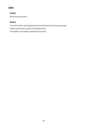 Page 7045200Cause
Printer error has occurred.
Action Turn off the machine, and unplug the power cord of the machine from the power supply.Plug the machine back in and turn the machine back on.
If the problem is not resolved, contact the service center.704 