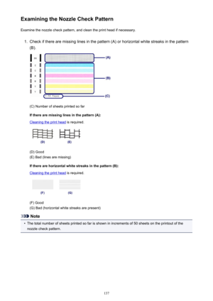 Page 137Examining the Nozzle Check PatternExamine the nozzle check pattern, and clean the print head if necessary.1.
Check if there are missing lines in the pattern (A) or horizontal white streaks in the pattern
(B).
(C) Number of sheets printed so far
If there are missing lines in the pattern (A):
Cleaning the print head  is required.
(D) Good
(E) Bad (lines are missing)
If there are horizontal white streaks in the pattern (B):
Cleaning the print head  is required.
(F) Good
(G) Bad (horizontal white streaks are...