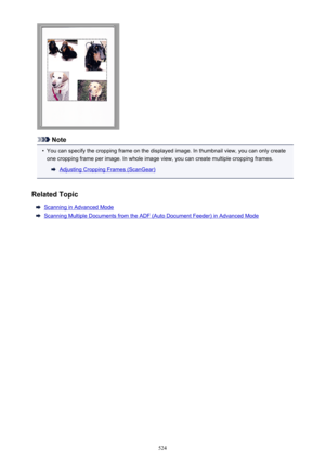 Page 524Note
•
You can specify the cropping frame on the displayed image. In thumbnail view, you can only createone cropping frame per image. In whole image view, you can create multiple cropping frames.
Adjusting Cropping Frames (ScanGear)
Related Topic
Scanning in Advanced Mode
Scanning Multiple Documents from the ADF (Auto Document Feeder) in Advanced Mode
524 