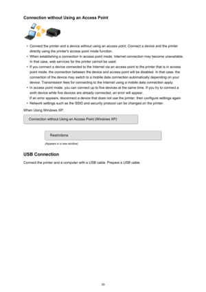 Page 30Connection without Using an Access Point•
Connect the printer and a device without using an access point. Connect a device and the printer
directly using the printer's access point mode function.
•
When establishing a connection in access point mode, Internet connection may become unavailable. In that case, web services for the printer cannot be used.
•
If you connect a device connected to the Internet via an access point to the printer that is in access point mode, the connection between the device...