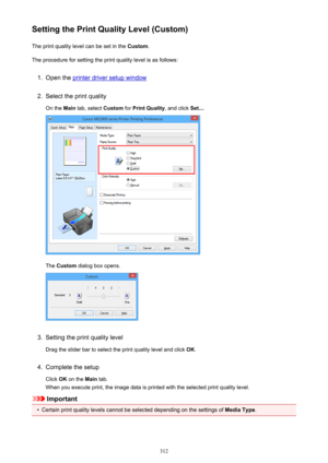 Page 312Setting the Print Quality Level (Custom)The print quality level can be set in the  Custom.
The procedure for setting the print quality level is as follows:1.
Open the printer driver setup window
2.
Select the print quality
On the  Main tab, select  Custom for Print Quality , and click Set....
The Custom  dialog box opens.
3.
Setting the print quality level
Drag the slider bar to select the print quality level and click  OK.
4.
Complete the setup
Click  OK on the  Main tab.
When you execute print, the...