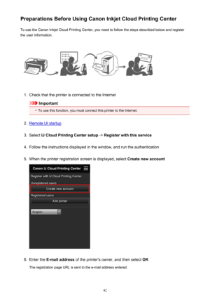 Page 42Preparations Before Using Canon Inkjet Cloud Printing CenterTo use the Canon Inkjet Cloud Printing Center, you need to follow the steps described below and register
the user information.1.
Check that the printer is connected to the Internet
Important
•
To use this function, you must connect this printer to the Internet.
2.
Remote UI startup
3.
Select  IJ Cloud Printing Center setup  -> Register with this service
4.
Follow the instructions displayed in the window, and run the authentication
5.
When the...