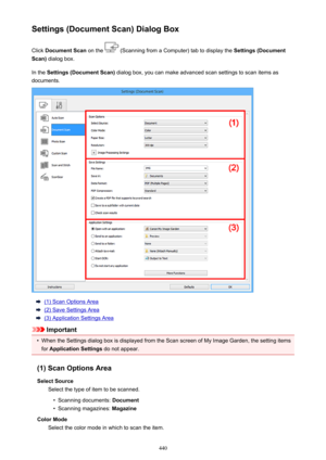 Page 440Settings (Document Scan) Dialog BoxClick  Document Scan  on the 
 (Scanning from a Computer) tab to display the  Settings (Document
Scan)  dialog box.
In the  Settings (Document Scan)  dialog box, you can make advanced scan settings to scan items as
documents.
(1) Scan Options Area
(2) Save Settings Area
(3) Application Settings Area
Important
•
When the Settings dialog box is displayed from the Scan screen of My Image Garden, the setting items
for  Application Settings  do not appear.
(1) Scan Options...