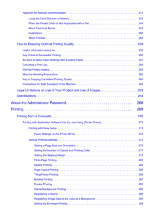 Page 6Appendix for Network Communication. . . . . . . . . . . . . . . . . . . . . . . . . . . . . . . . . . . . . . . . . . . . . . . . . .  241Using the Card Slot over a Network. . . . . . . . . . . . . . . . . . . . . . . . . . . . . . . . . . . . . . . . . . . . . . .   242
When the Printer Driver Is Not Associated with a Port. . . . . . . . . . . . . . . . . . . . . . . . . . . . . . . . .   244
About Technical Terms. . . . . . . . . . . . . . . . . . . . . . . . . . . . . . . . . . . . . . . . . . . . . ....