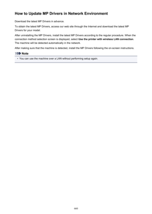 Page 660How to Update MP Drivers in Network EnvironmentDownload the latest MP Drivers in advance.
To obtain the latest MP Drivers, access our web site through the Internet and download the latest MP
Drivers for your model.
After uninstalling the MP Drivers, install the latest MP Drivers according to the regular procedure. When the
connection method selection screen is displayed, select  Use the printer with wireless LAN connection.
The machine will be detected automatically in the network.
After making sure that...