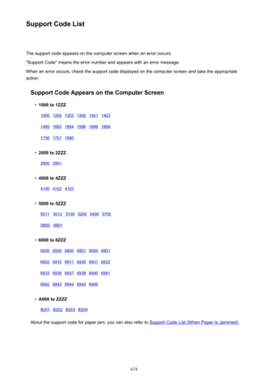 Page 674Support Code ListThe support code appears on the computer screen when an error occurs."Support Code" means the error number and appears with an error message.
When an error occurs, check the support code displayed on the computer screen and take the appropriate
action.
Support Code Appears on the Computer Screen•
1000 to 1ZZZ
10001200120313001401140314851682168416861688168A170017011890   •
2000 to 2ZZZ
29002901    •
4000 to 4ZZZ
410041024103   •
5000 to 5ZZZ
5011501251005200540057005B005B01    •...