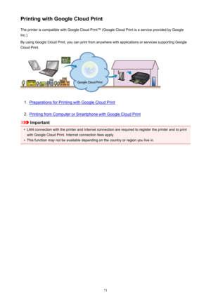 Page 71Printing with Google Cloud PrintThe printer is compatible with Google Cloud Print™ (Google Cloud Print is a service provided by GoogleInc.).
By using Google Cloud Print, you can print from anywhere with applications or services supporting Google
Cloud Print.1.
Preparations for Printing with Google Cloud Print
2.
Printing from Computer or Smartphone with Google Cloud Print
Important
•
LAN connection with the printer and Internet connection are required to register the printer and to print
with Google...