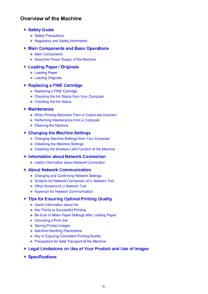 Page 81Overview of the Machine
Safety Guide
Safety Precautions
Regulatory and Safety Information
Main Components and Basic Operations
Main Components
About the Power Supply of the Machine
Loading Paper / Originals
Loading Paper
Loading Originals
Replacing a FINE Cartridge
Replacing a FINE Cartridge
Checking the Ink Status from Your Computer
Checking the Ink Status
Maintenance
When Printing Becomes Faint or Colors Are Incorrect
Performing Maintenance from a Computer
Cleaning the Machine
Changing the Machine...