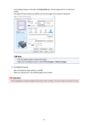 Page 143InthesettingspreviewontheleftofthePageSetuptab,clickthepagesthatdonotneedtobe
printed.
Thepagesthatwereclickedaredeleted,andonlythepagestobeprintedaredisplayed.
Note
