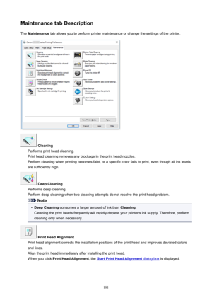 Page 181MaintenancetabDescriptionThe Maintenance taballowsyoutoperformprintermaintenanceorchangethesettingsoftheprinter.
Cleaning
Performsprintheadcleaning.
Printheadcleaningremovesanyblockageintheprintheadnozzles.
Performcleaningwhenprintingbecomesfaint,oraspecificcolorfailstoprint,eventhoughallinklevels aresufficientlyhigh.
DeepCleaning
Performsdeepcleaning.
Performdeepcleaningwhentwocleaningattemptsdonotresolvetheprintheadproblem.
Note
