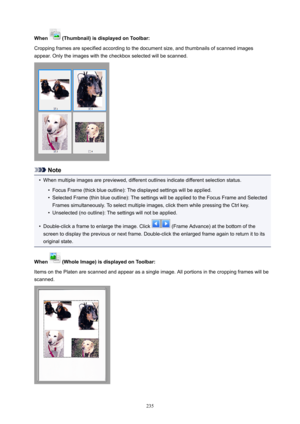 Page 235When(Thumbnail)isdisplayedonToolbar:
Croppingframesarespecifiedaccordingtothedocumentsize,andthumbnailsofscannedimages
appear.Onlytheimageswiththecheckboxselectedwillbescanned.
Note
