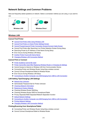 Page 252NetworkSettingsandCommonProblemsHerearefrequentlyaskedquestionsonnetwork.Selectaconnectionmethodyouareusing,oryouwantto
use.
WirelessLANWirelessDirect
WirelessLAN
CannotFindPrinter
CannotFindPrinterwhileUsingWirelessLAN
CannotFindPrinteronCheckPrinterSettingsScreen
CannotProceedbeyondPrinterConnectionScreen/ConnectCableScreen
CannotFindPrinterafterSearchingitonPrinterDetectionScreenDuringSetup...