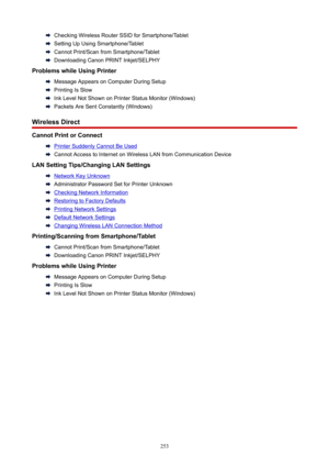 Page 253CheckingWirelessRouterSSIDforSmartphone/Tablet
SettingUpUsingSmartphone/Tablet
CannotPrint/ScanfromSmartphone/Tablet
DownloadingCanonPRINTInkjet/SELPHY
ProblemswhileUsingPrinter
MessageAppearsonComputerDuringSetup
PrintingIsSlow
InkLevelNotShownonPrinterStatusMonitor(Windows)
PacketsAreSentConstantly(Windows)
WirelessDirect
CannotPrintorConnect
PrinterSuddenlyCannotBeUsed
CannotAccesstoInternetonWirelessLANfromCommunicationDevice...