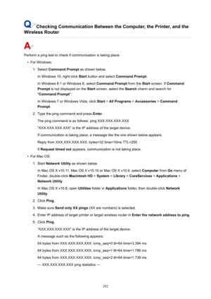 Page 282CheckingCommunicationBetweentheComputer,thePrinter,andthe
WirelessRouter
Performapingtesttocheckifcommunicationistakingplace.
