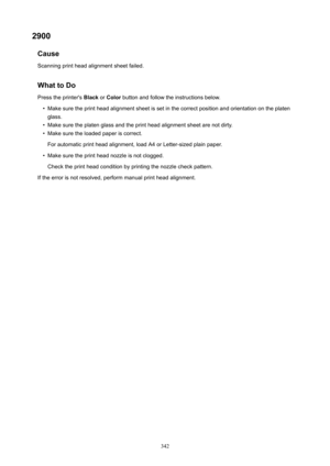 Page 3422900Cause
Scanningprintheadalignmentsheetfailed.
WhattoDo
Presstheprinter's BlackorColor buttonandfollowtheinstructionsbelow.