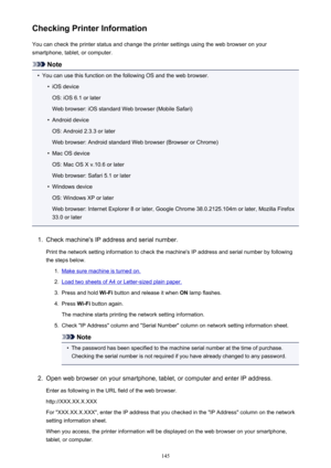 Page 145Checking Printer InformationYou can check the printer status and change the printer settings using the web browser on your
smartphone, tablet, or computer.
Note
