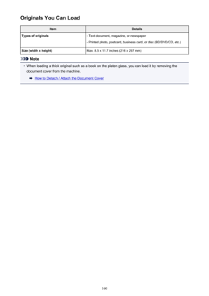 Page 160Originals You Can LoadItemDetailsTypes of originals- Text document, magazine, or newspaper
- Printed photo, postcard, business card, or disc (BD/DVD/CD, etc.)Size (width x height)Max. 8.5 x 11.7 inches (216 x 297 mm)
Note
