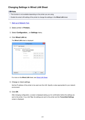 Page 255Changing Settings in Wired LAN Sheet
Note
