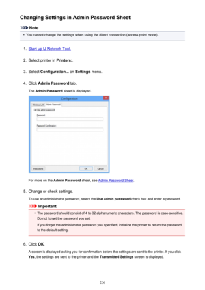 Page 256Changing Settings in Admin Password Sheet
Note
