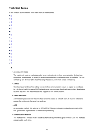 Page 305Technical TermsIn this section, technical terms used in the manual are explained.
A
B
C
D
F
I
K
L
M
O
P
R
S
T
U
W
A
