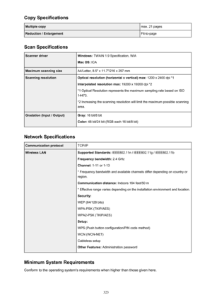 Page 323Copy SpecificationsMultiple copymax. 21 pagesReduction / EnlargementFit-to-page
Scan Specifications
Scanner driverWindows: TWAIN 1.9 Specification, WIA
Mac OS:  ICAMaximum scanning sizeA4/Letter, 8.5" x 11.7"/216 x 297 mmScanning resolutionOptical resolution (horizontal x vertical) max:  1200 x 2400 dpi *1
Interpolated resolution max:  19200 x 19200 dpi *2
*1 Optical Resolution represents the maximum sampling rate based on ISO 14473.
*2 Increasing the scanning resolution will limit the maximum...