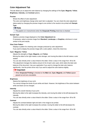 Page 436Color Adjustment Tab
This tab allows you to adjust the color balance by changing the settings of the  Cyan, Magenta , Yellow ,
Brightness , Intensity , and Contrast  options.
Preview Shows the effect of color adjustment.
The color and brightness change when each item is adjusted. You can check the color adjustment
status easily by changing the preview image to one similar to the results to be printed with  Sample
Type .
Note
