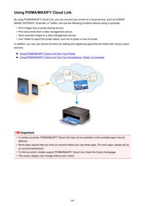 Page 505Using PIXMA/MAXIFY Cloud LinkBy using PIXMA/MAXIFY Cloud Link, you can connect your printer to a cloud service, such as CANON
iMAGE GATEWAY, Evernote, or Twitter, and use the following functions without using a computer: