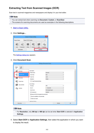 Page 543Extracting Text from Scanned Images (OCR)Scan text in scanned magazines and newspapers and display it in your text editor.
Note
