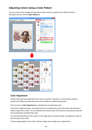 Page 609Adjusting Colors Using a Color PatternYou can preview color changes and reproduce natural colors by using the color pattern function in
ScanGear (scanner driver)'s  Basic Mode tab.
Color Adjustment
Correct colors that have faded with time or due to colorcast. "Colorcast" is a phenomenon where a
specific color affects the entire picture due to the weather or ambient strong colors.
Click an arrow in  Color Adjustment  to emphasize the corresponding color.
Cyan & red, magenta & green, and yellow...