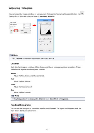 Page 615Adjusting HistogramYou can adjust the image color tone by using a graph (histogram) showing brightness distribution, via 
(Histogram) in ScanGear (scanner driver)'s  Advanced Mode tab.
Note
